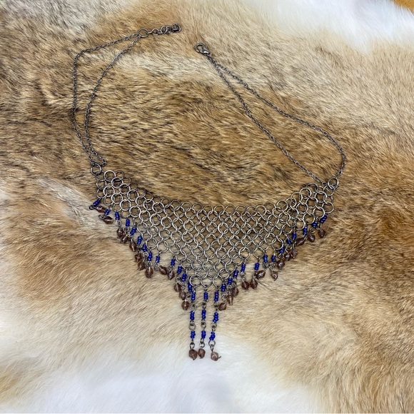 Handmade Chainmail Necklace w/ Blue Sapphire and Amber Glass Lattice Bib Collar - Picture 1 of 13